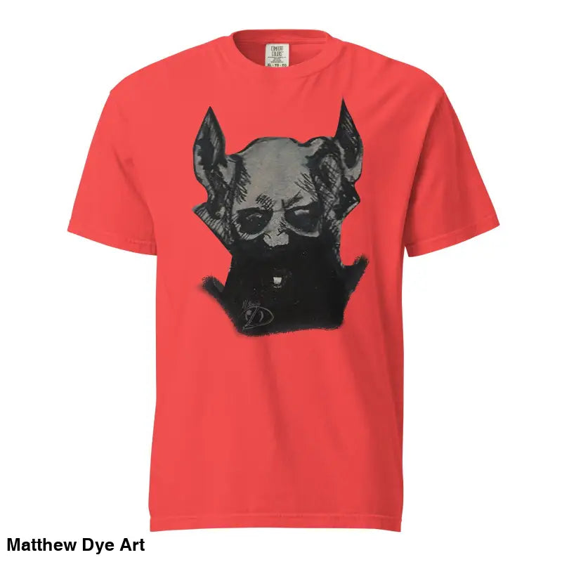 Red unisex garment-dyed heavyweight tee featuring dark horned creature graphic art
