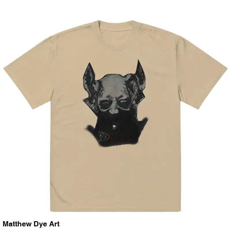 Beige oversized faded t-shirt featuring dark stylized graphic of ghostly canine reverie