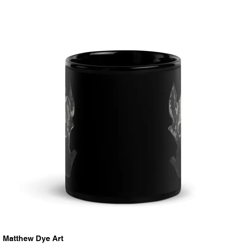 Black ceramic mug featuring gray designs, perfect for Haxan and dark fantasy horror themes