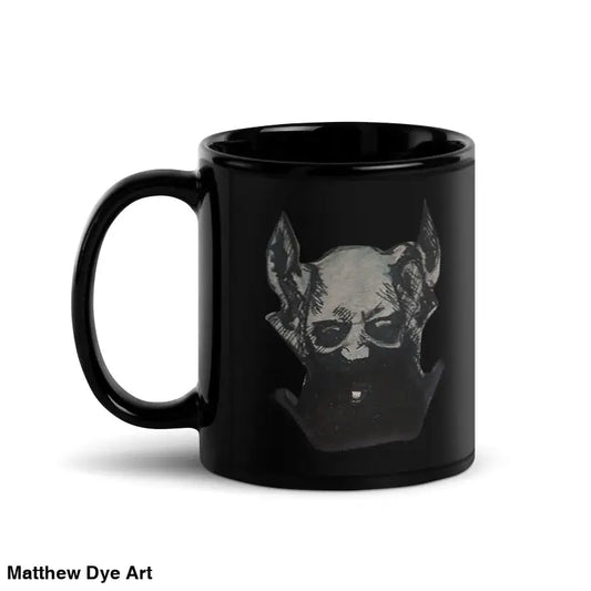 Black ceramic mug with grey dog in sunglasses, perfect for horror and dark fantasy fans