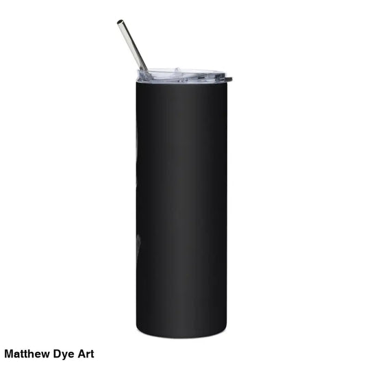 Black stainless steel tumbler featuring a sinister demonic figure and straw for hydration