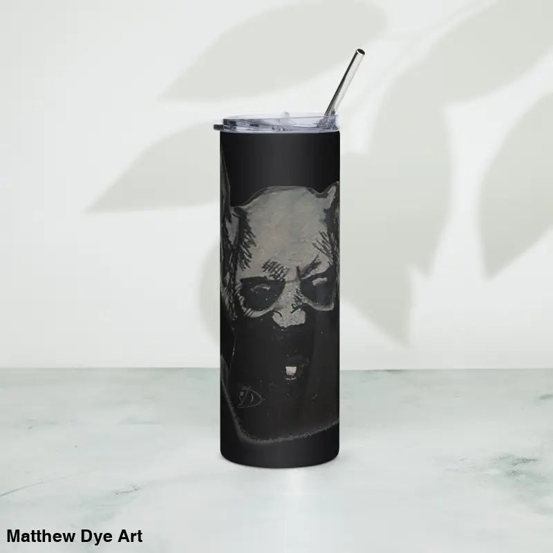 Black stainless steel tumbler featuring a sinister demonic figure for Gothic hydration