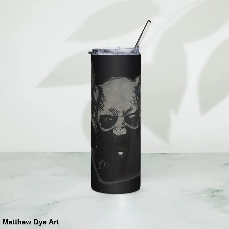 Black stainless steel tumbler featuring a sinister demonic figure for Gothic hydration