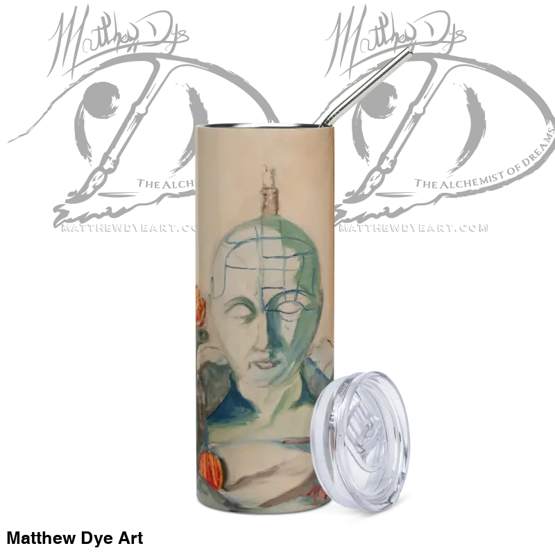 Artistic stainless steel water bottle featuring a painted face design and straw lid
