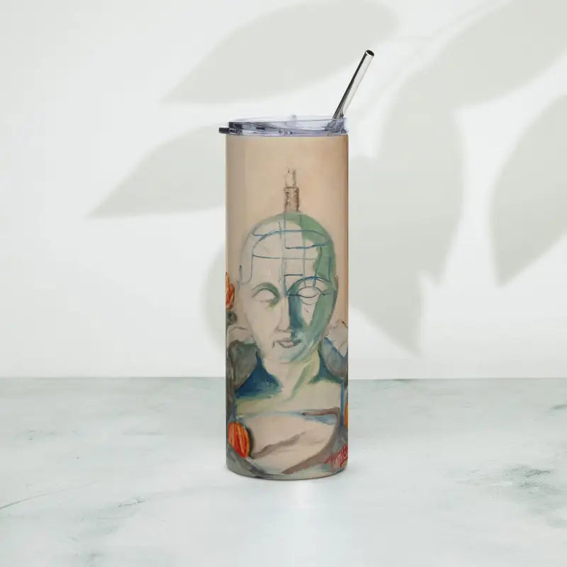 Artistic stainless steel water bottle with abstract face design and straw, reflective oil painting