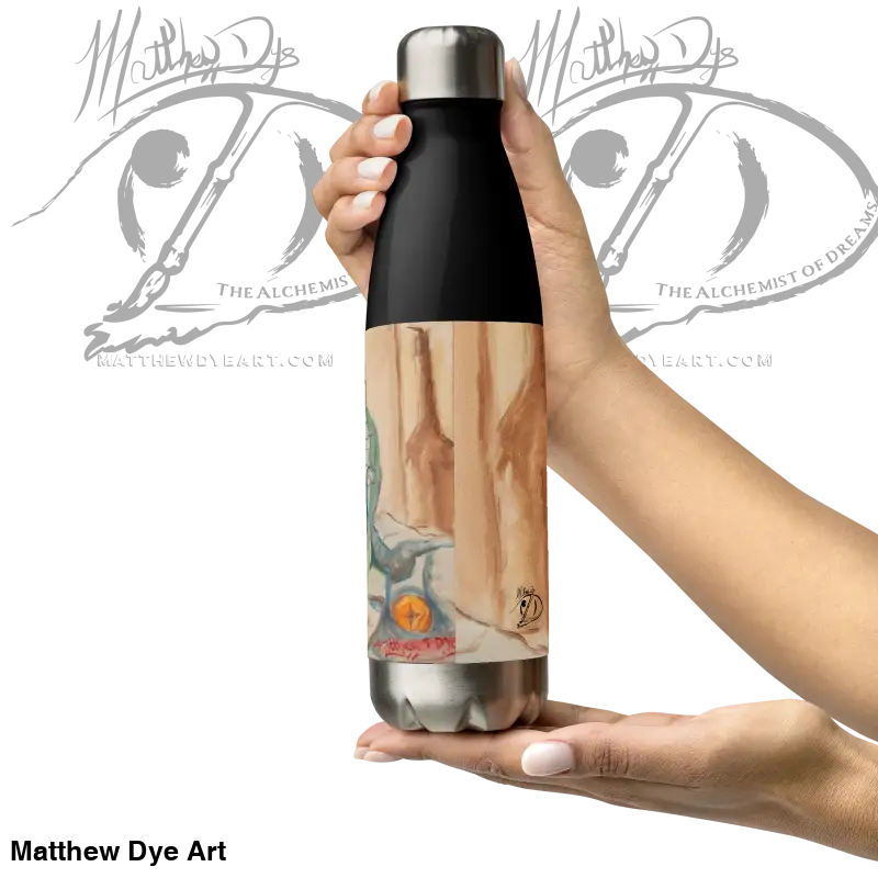 Stainless steel water bottle featuring phrenology artistic design and black top