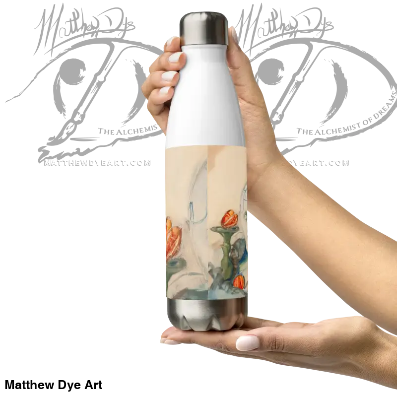 Stainless steel art bottle featuring captivating oil painting of orange roses on beige background