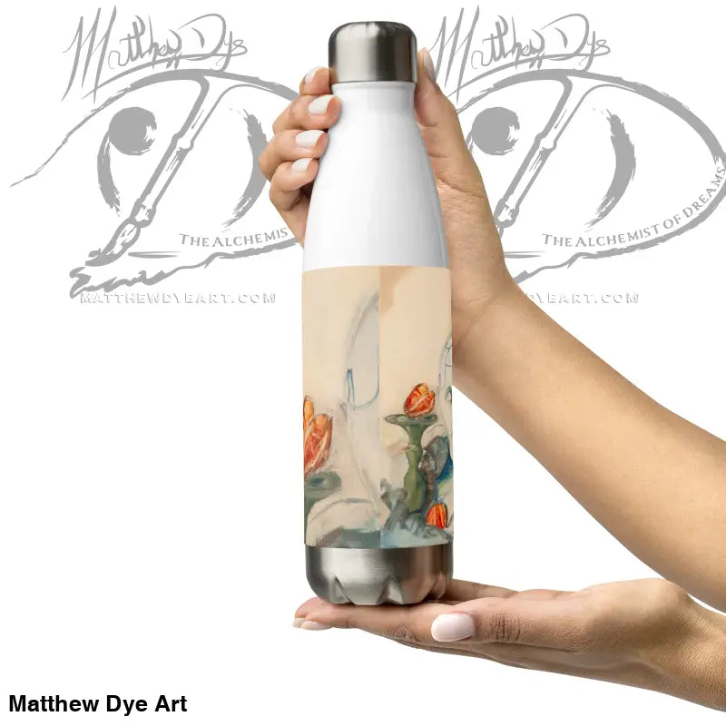 Stainless steel art bottle featuring captivating oil painting of orange roses on beige background