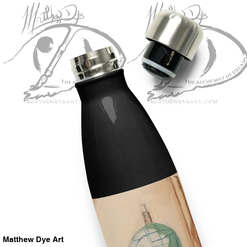 Black and beige reusable water bottle with metallic cap, Phrenology artistic stainless design