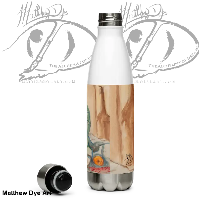 White stainless steel water bottle featuring captivating oil painting inspired by phrenology