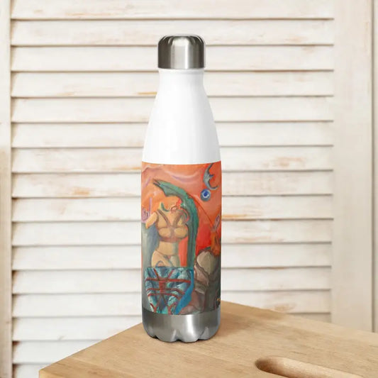 Stainless steel water bottle with colorful underwater-themed Binding Art design