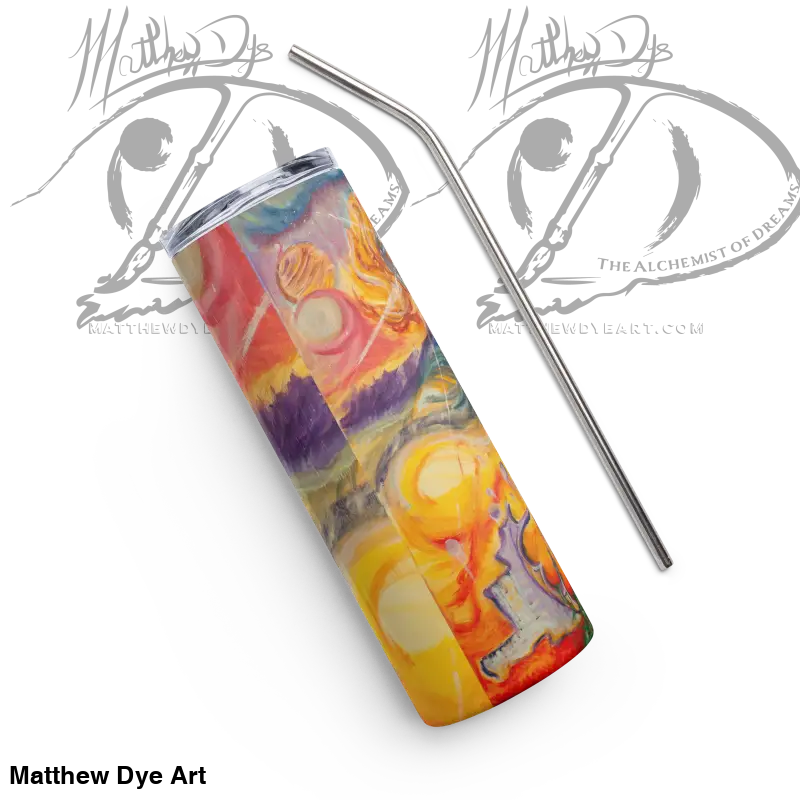 Colorful Waves of Saturn Stainless Steel Tumbler with abstract art and metal straw