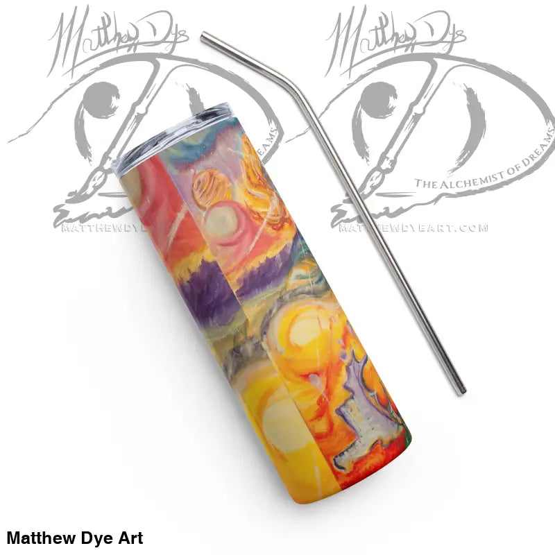 Colorful Waves of Saturn Stainless Steel Tumbler with abstract art and metal straw