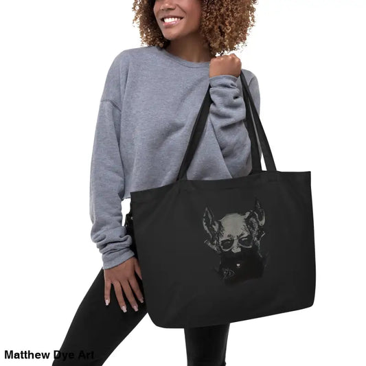 Black tote bag with skull graphic, spacious organic cotton, part of Eldritch Haul collection
