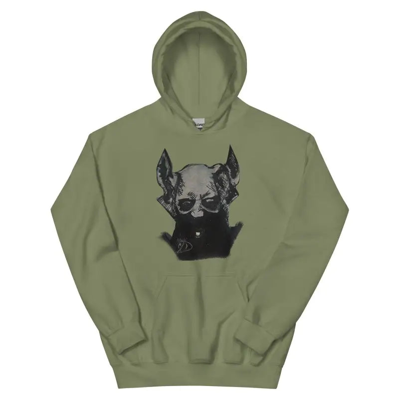 Olive green hoodie featuring a haunting black-and-white sketch of a sinister demonic figure