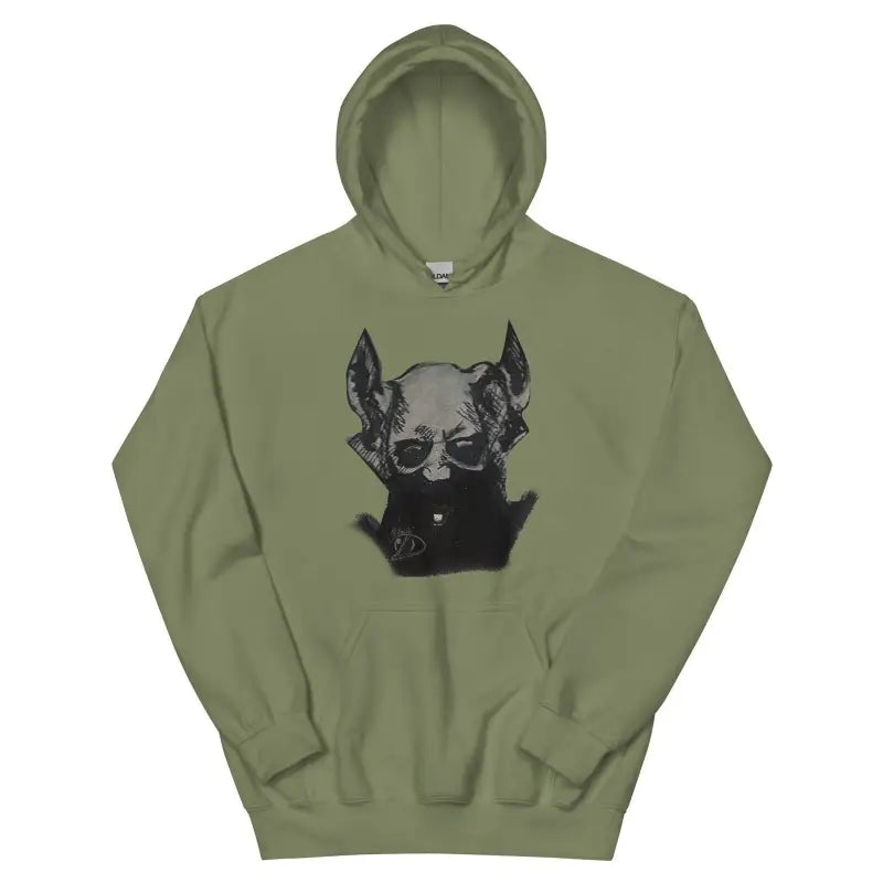 Olive green hoodie featuring a haunting black-and-white sketch of a sinister demonic figure