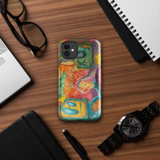 Colorful abstract art phone case featuring vibrant orange, green, and blue patterns