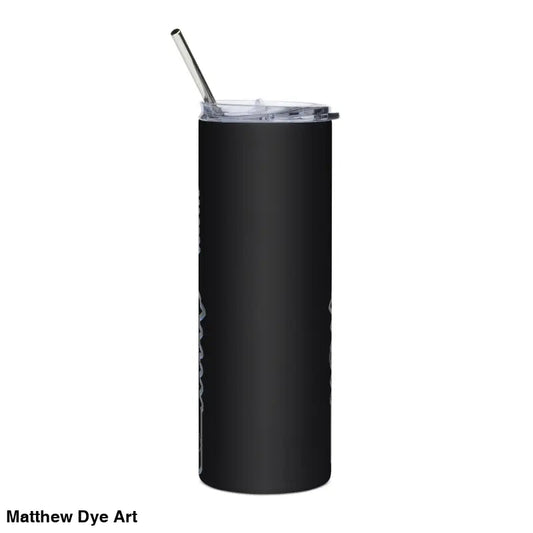 Black stainless steel tumbler with straw featuring Halloween designs, ideal for Frankenstein fans