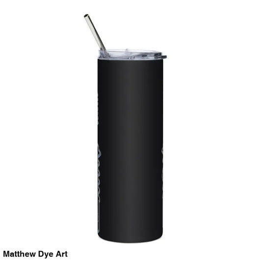 Black stainless steel tumbler with straw featuring Halloween designs, ideal for Frankenstein fans