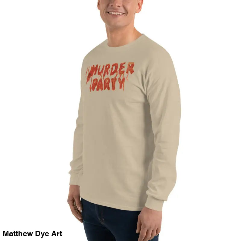 Unisex soft and comfortable long-sleeve shirt featuring Murder Party text, perfect for Halloween parties