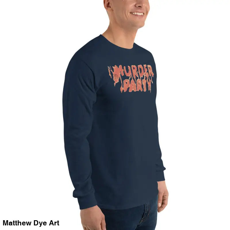 Navy long-sleeved shirt from Embrace the Chaos, great for Halloween parties and murder party