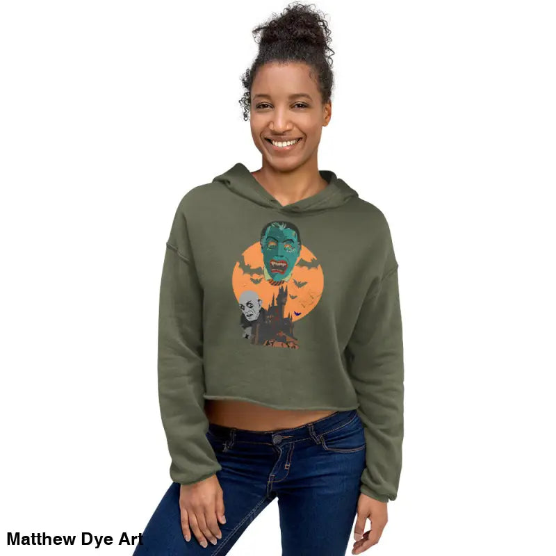 Woman wearing a Vampires Crop Hoodie featuring Matthew Dye art, meticulously crafted for style