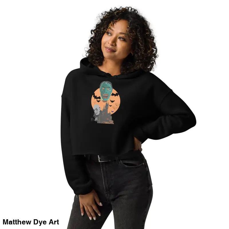 Black Vampire Crop Hoodie featuring Matthew Dye art, meticulously crafted for Gothic souls