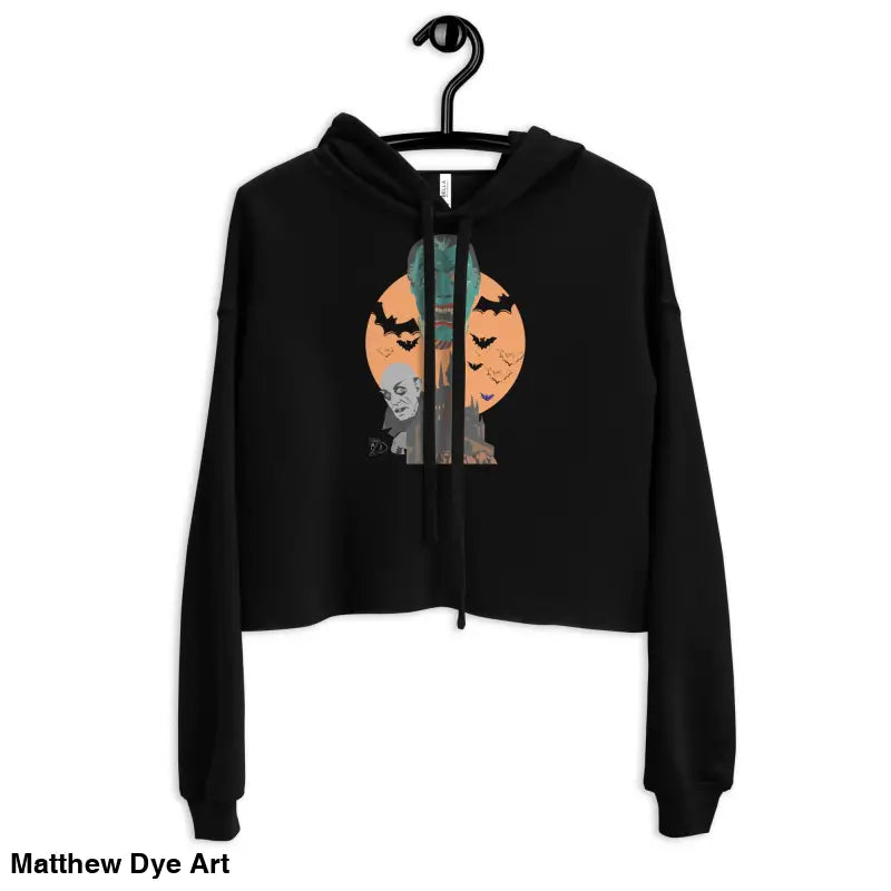 Black cropped hoodie featuring Matthew Dye art for gothic souls and vampire enthusiasts