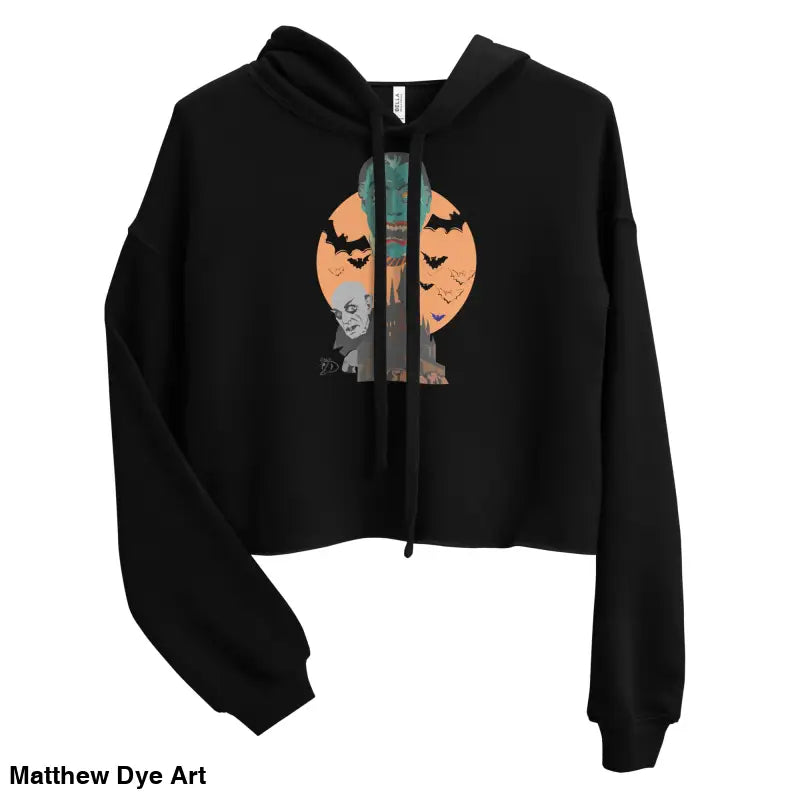 Black cropped hoodie featuring Matthew Dye art, meticulously crafted for vampires crop hoodie lovers