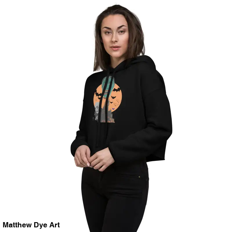 Black cropped hoodie featuring Matthew Dye art, meticulously crafted for vampire enthusiasts