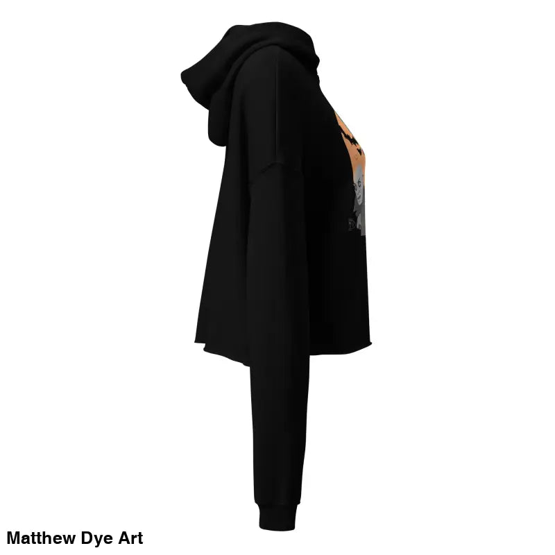 Black hooded sweatshirt of Fangs & Fashion Vampire Crop Hoodie with Matthew Dye art, meticulously crafted