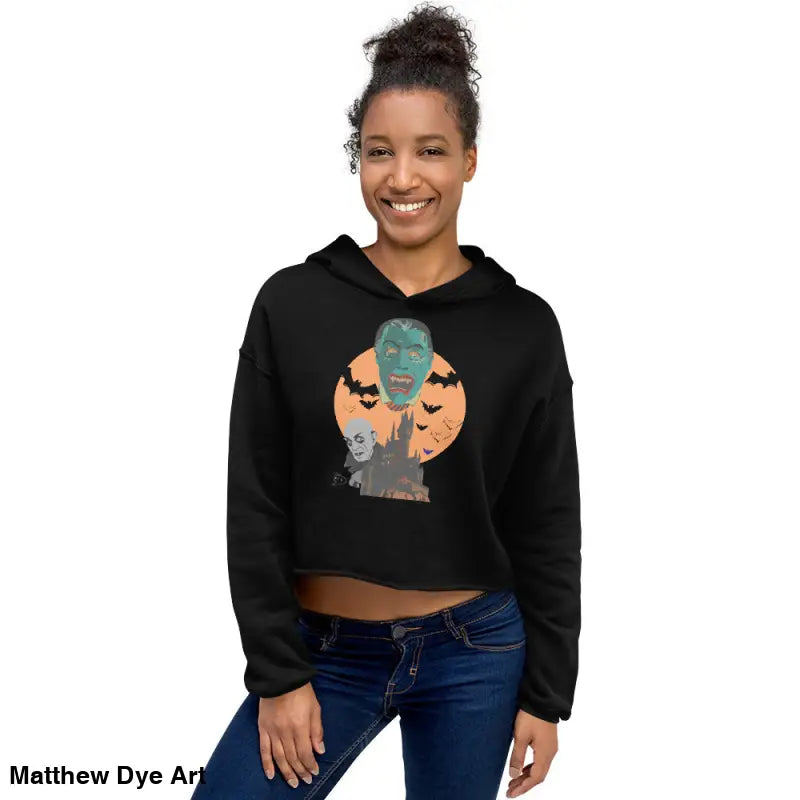 Black cropped hoodie featuring Matthew Dye art, ideal for vampire enthusiasts and gothic fashion