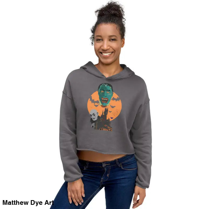 Gray cropped hoodie featuring Matthew Dye art, meticulously crafted for vampire fashion