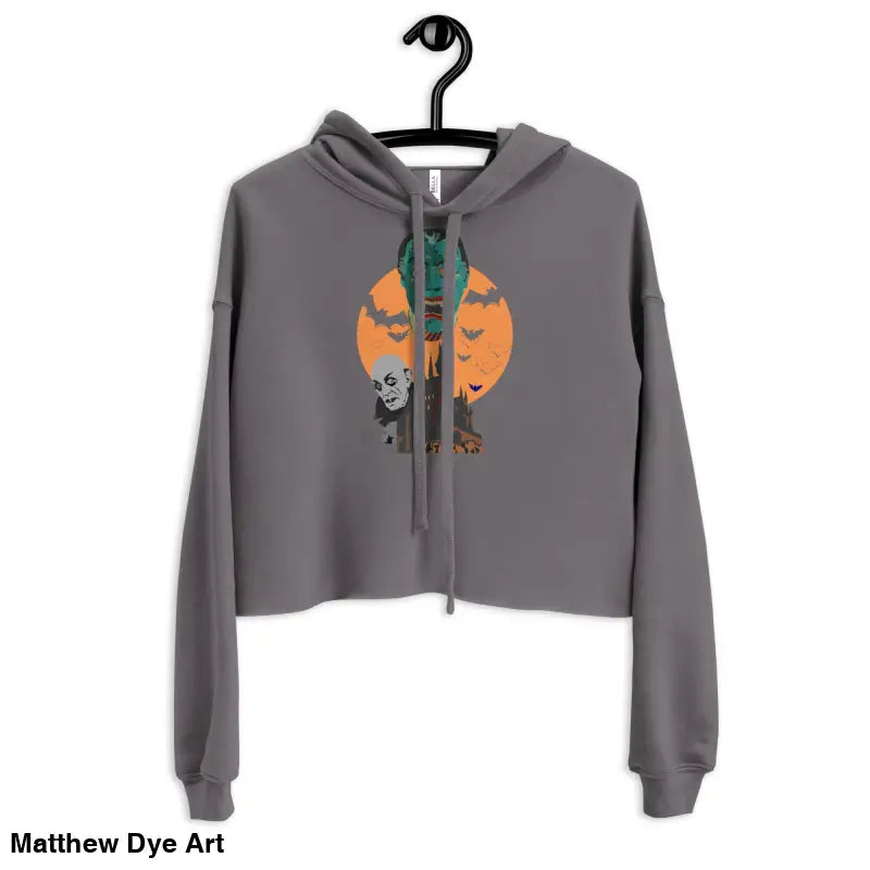 Gray cropped hoodie featuring Matthew Dye art for vampires, meticulously crafted for Gothic souls