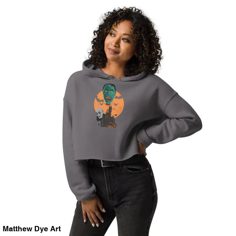 Gray cropped hoodie with Halloween design by Matthew Dye Art, meticulously crafted for vampires