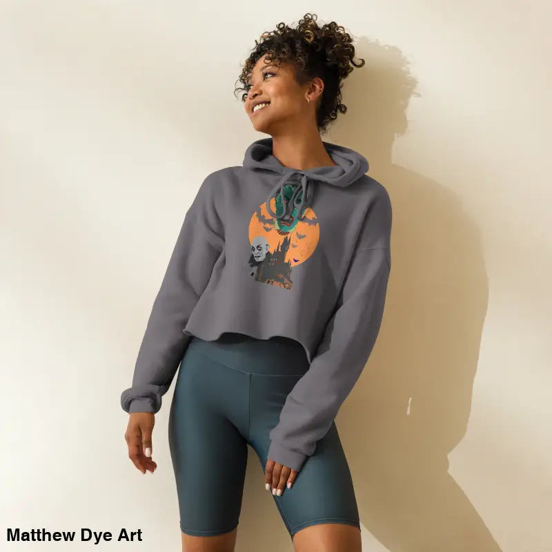 Gray Halloween-themed vampires crop hoodie from Matthew Dye Art, meticulously crafted for gothic souls