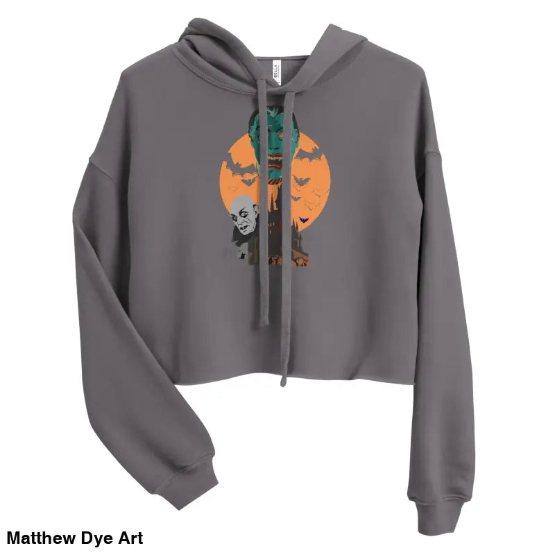Gray vampires crop hoodie featuring Matthew Dye art for gothic souls, meticulously crafted