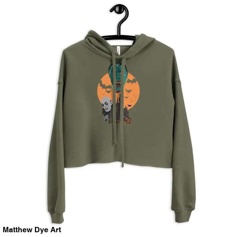Olive green vampires crop hoodie from Matthew Dye Art, meticulously crafted for gothic souls