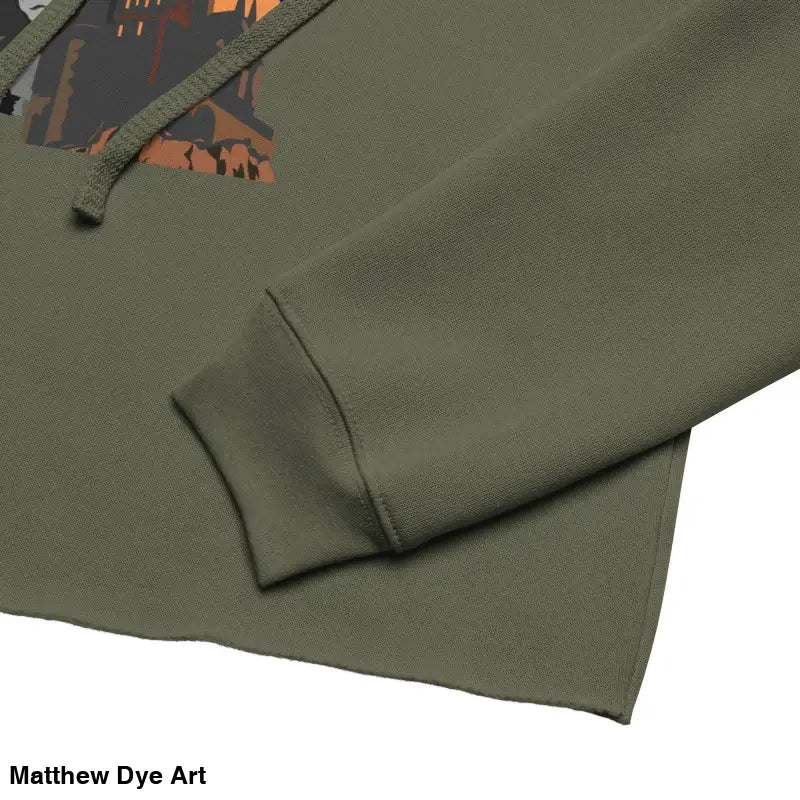 Olive green cropped hoodie from Fangs & Fashion, featuring Matthew Dye art, meticulously crafted