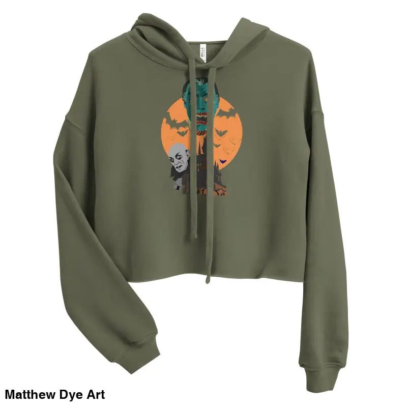 Olive green vampires crop hoodie featuring Matthew Dye art for gothic fashion