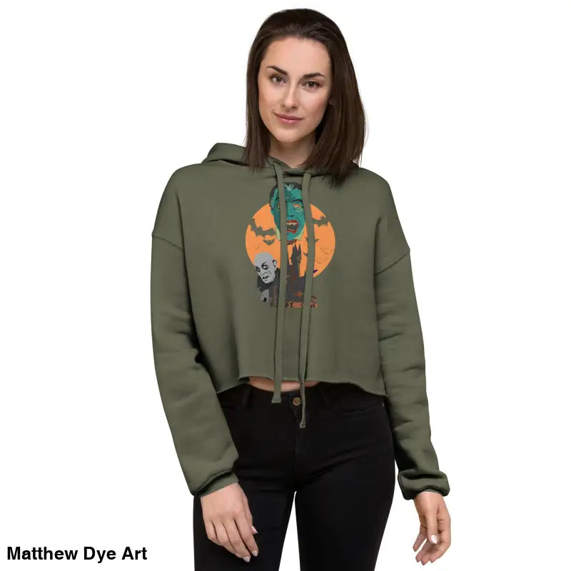 Olive green cropped hoodie from Fangs & Fashion, featuring Matthew Dye art, meticulously crafted
