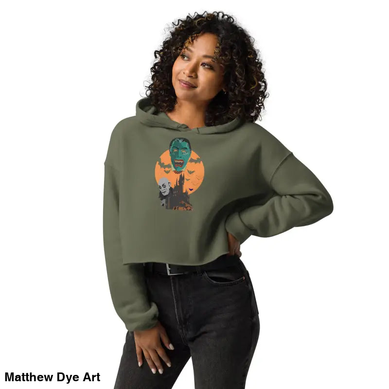 Olive green vampires crop hoodie with Matthew Dye art, meticulously crafted for Gothic souls