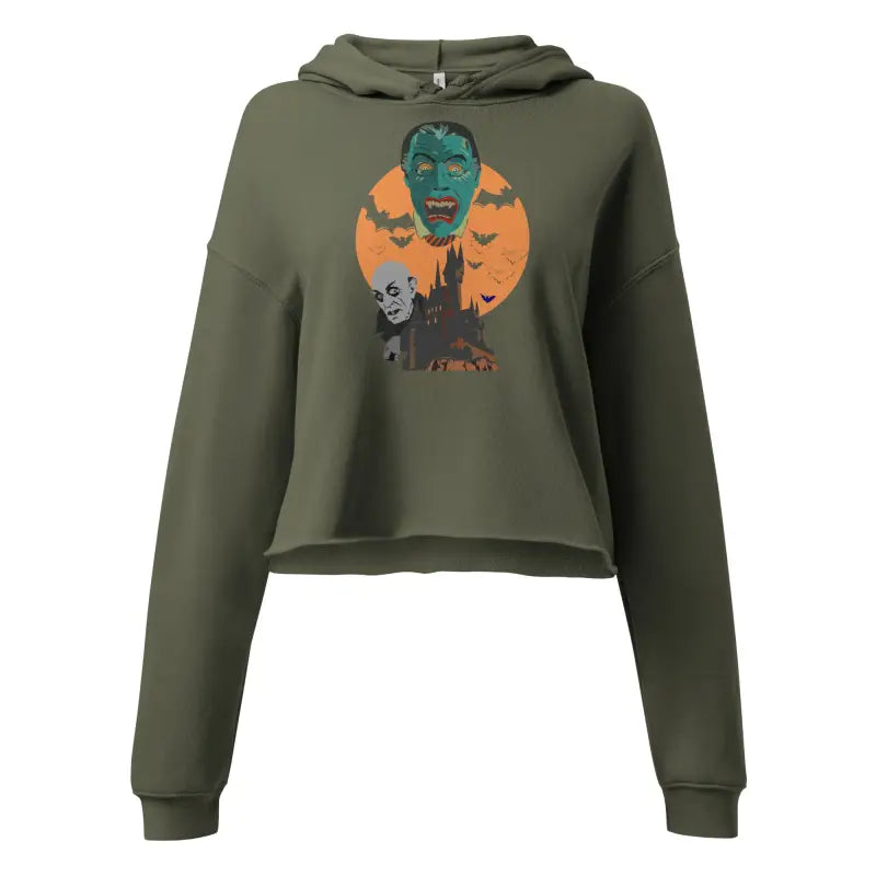 Olive green Vampires Crop Hoodie from Fangs & Fashion with Matthew Dye artistry, meticulously crafted
