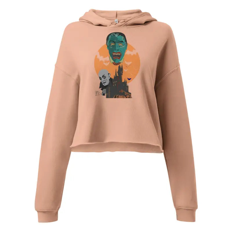 Peach-colored cropped hoodie from Fangs & Fashion, featuring Matthew Dye art, meticulously crafted for vampire enthusiasts
