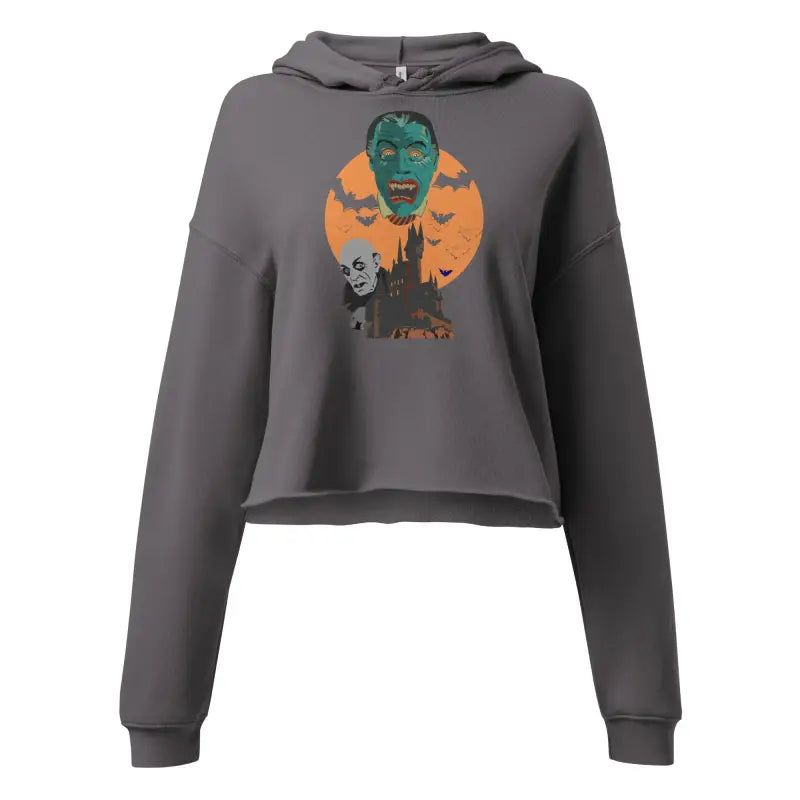 Gray vampires crop hoodie featuring Matthew Dye art, meticulously crafted for gothic souls