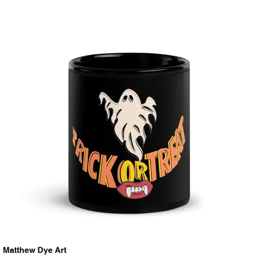 Black glossy mug by Matthew Dye Art featuring ghost and orange Trick or Treat design