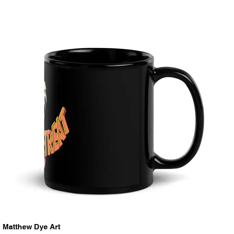Black glossy mug featuring orange text by Matthew Dye Art, perfect for Halloween
