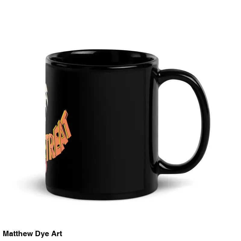 Black glossy mug featuring orange text by Matthew Dye Art, perfect for Halloween