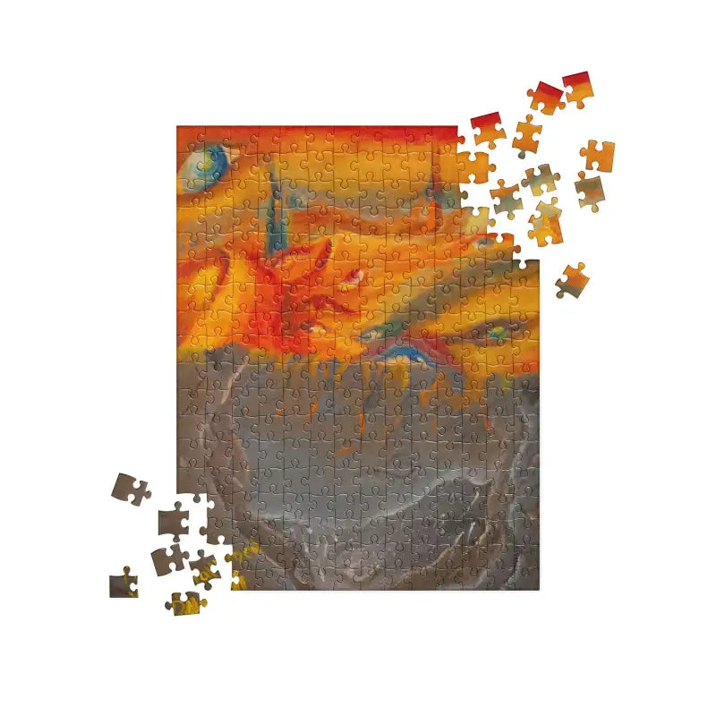 Partially completed jigsaw puzzle of a vibrant sunset in Above the Shadows art piece