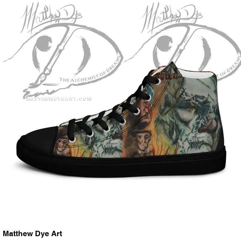 High-top sneaker featuring Matthew Dye art with dragons in Vintage Horror High design
